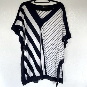 Lane Bryant White and Navy Draped Blouse with Diagonal Stripes. Size 18/20.